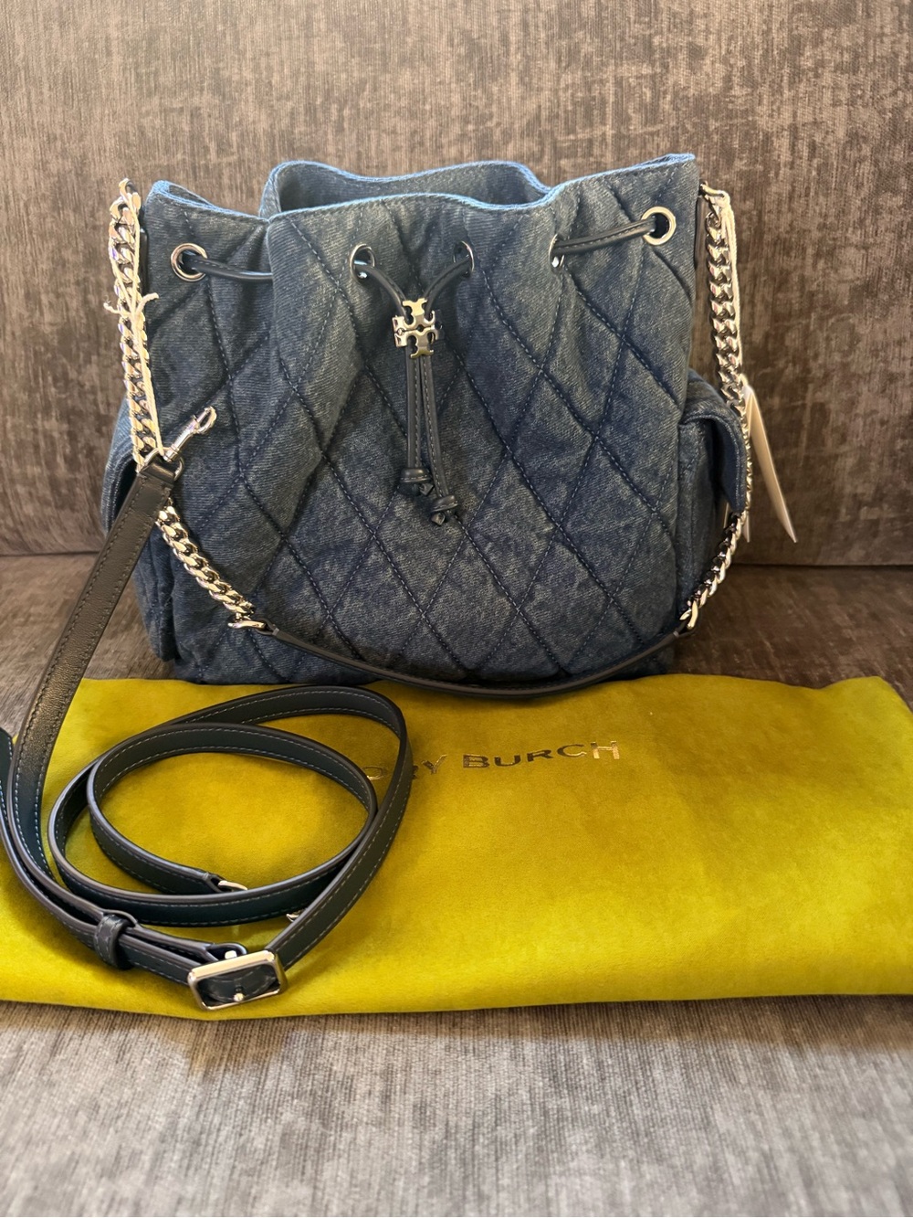 Tory Burch Small Charlie Quilted Denim Drawstring Bucket NWT